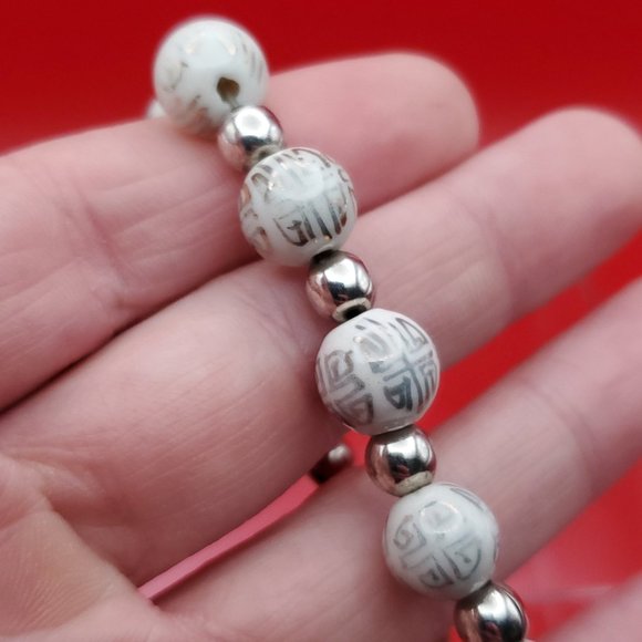 7 Inch 925 Sterling Silver White Scrolled Glass Handmade Bracelet - Picture 2 of 6